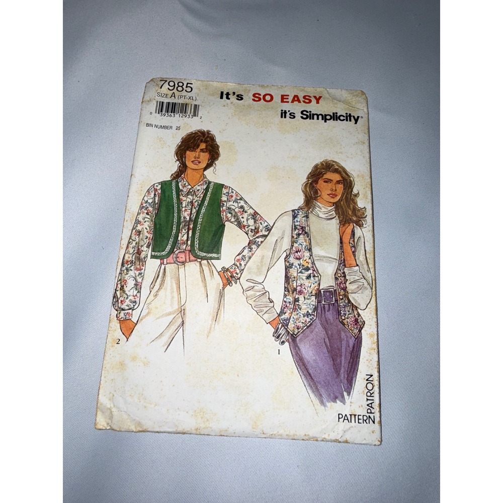 Simplicity 7985‎ Sewing Pattern Misses Vest It's SO EASY Size A PT-XL 1992 Vtg